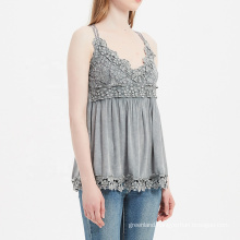 sexy V neck girl lace camisole with flared edge lace hem elegant women spaghetti top washed grey color